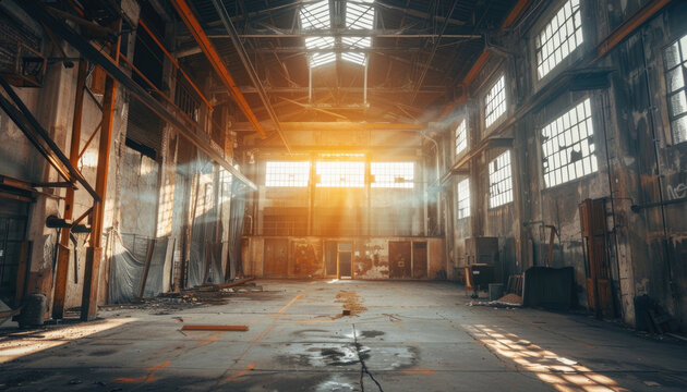 A large, empty warehouse with a lot of rust and graffiti on the walls by AI generated image
