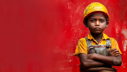 Portrait of a young boy in a yellow hard hat and overalls against a vibrant red background, with a serious expression and arms crossed, concept for the World Day Against Child Labour