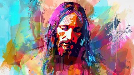 Foto op Canvas Jesus' face with watercolor painting © vie_art