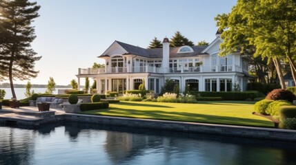 Obraz premium Mediterranean inspired villa with a sprawling garden and a private beach access in the exclusive Hamptons, New York
