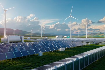 A large field of solar panels with many wind turbines in the background