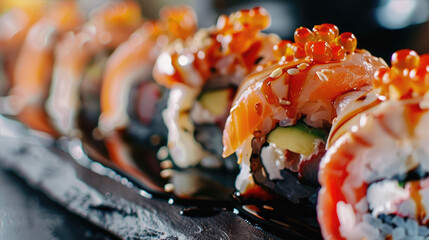 Delicious sushi rolls served on black table - Powered by Adobe
