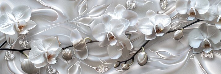 Orchids with petals of thin, translucent gemstones, each stem and leaf coated in a sleek platinum metallic sheen, symbolizing luxury refined beauty in the wild created with Generative AI Technology