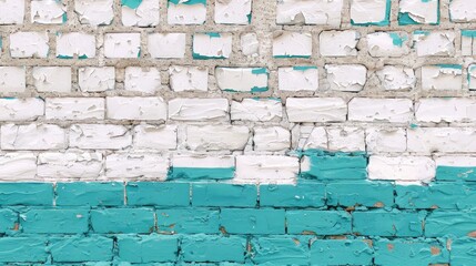 Fototapeta premium A brick wall painted abstract with white and turquoise paint. Unusual background, texture