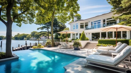 Fototapeta premium Mediterranean inspired villa with a sprawling garden and a private beach access in the exclusive Hamptons, New York