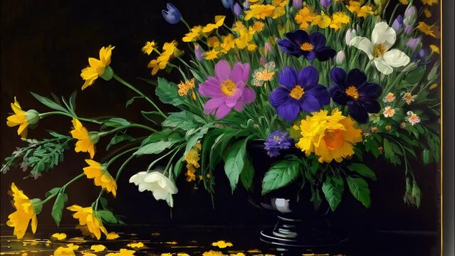 Summer wildflowers in a vase painted in oil, horizontal video, floral still life