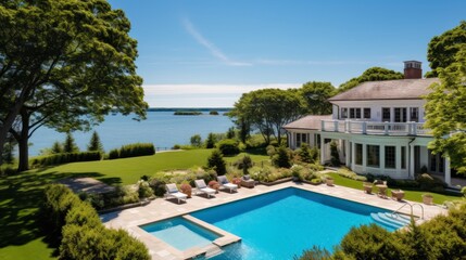 Fototapeta na wymiar Mediterranean inspired villa with a sprawling garden and a private beach access in the exclusive Hamptons, New York