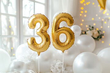 36. Hochzeitstag, 36. Hochzeitsjubiläum, Smaragdhochzeit, "36" aus goldenen Heliumballons vor festlichem Hintergrund