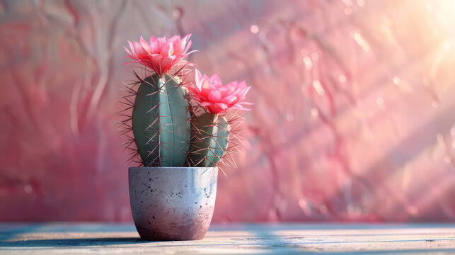 Close-up of a pink cactus flower in bloom with a soft-focus pastel-colored background..