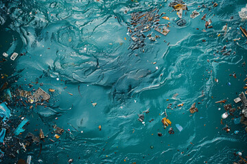 Fototapeta na wymiar Dynamic underwater scene capturing the chaotic movement of water and scattered debris illuminated by light..