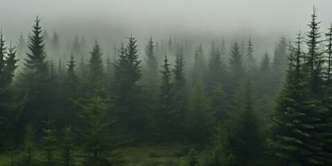 The dense forest is obscured by a veil of fog, creating an ominous ambiance.