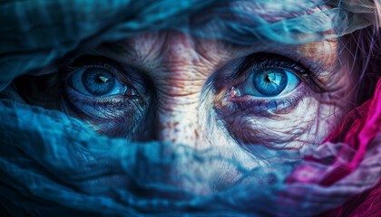 Intense portrait of a senior with aged, intense blue eyes peering through colorful fabric, concept for the World Elder Abuse Awareness Day