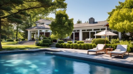 Fototapeta premium Mediterranean inspired villa with a sprawling garden and a private beach access in the exclusive Hamptons, New York