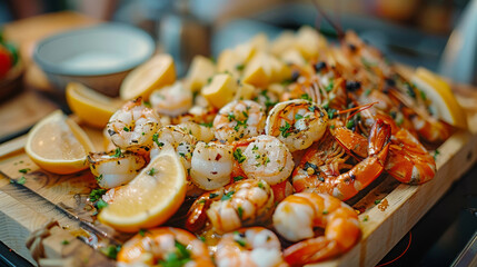 A sumptuous seafood spread featuring lobsters, crabs, and shrimps, freshly prepared on a rustic wooden counter..