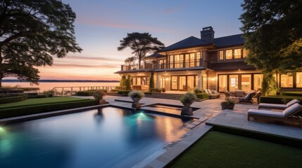 Fototapeta premium Mediterranean inspired villa with a sprawling garden and a private beach access in the exclusive Hamptons, New York