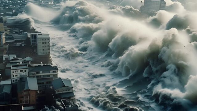 AI video clip of a large tsunami that is hitting a city.