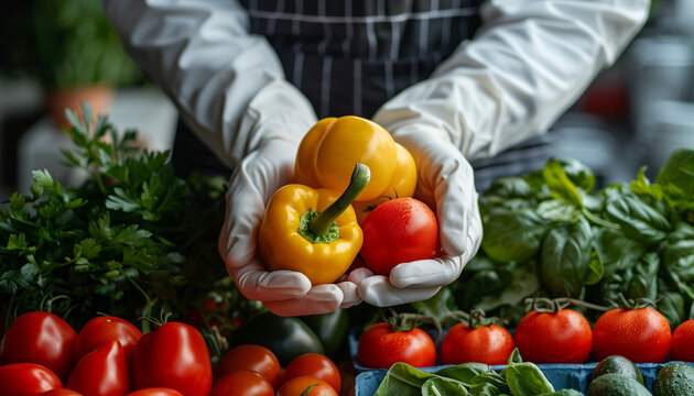 Close-up of hands holding fresh bell peppers and tomato with assorted vegetables in background, concept for the World Food Safety Day
