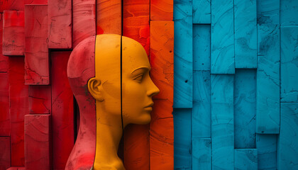 Abstract image of a divided head sculpture against contrasting red and blue background, concept for the World Mental Health Day - obrazy, fototapety, plakaty