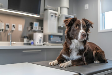 Border Collie sits on the floor of a veterinary clinic, looking attentive and waiting for its check-up..