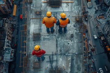 Overhead image of three workers in safety gear at a bustling construction site with urban backdrop - Powered by Adobe