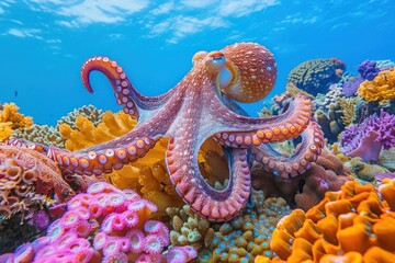 A large octopus is swimming in a colorful coral reef - obrazy, fototapety, plakaty
