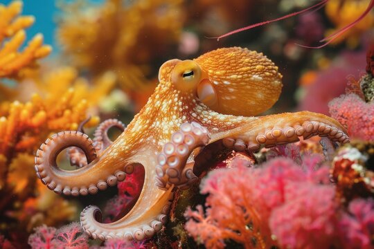A large orange octopus is swimming in a coral reef