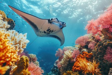A large stingray is swimming through a colorful coral reef