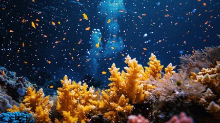 Fototapeta na wymiar A beautiful underwater scene with a large yellow plant and many fish