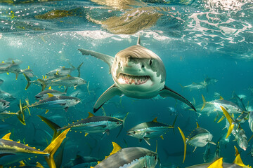 Close-up of a great white shark swimming through a bustling school of yellowtail fish in crystal...