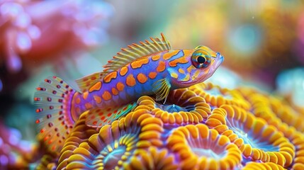 A colorful fish is on top of a coral