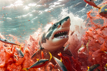 A great white shark's feeding frenzy captured mid-action, with blood and fish remnants swirling in...