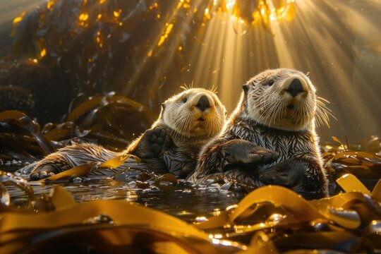 Two otters are swimming in the water with a lot of seaweed around them