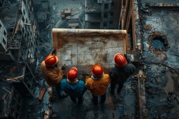 Construction workers in bright helmets look down at plans on a high-rise perch overseeing the site