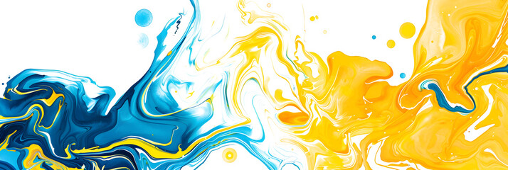 Yellow and blue watercolor marbling with veins on transparent background.