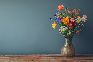 flower  Blossoms in Teal Vase on Blue Background