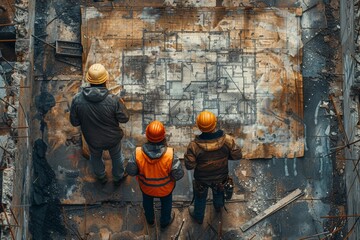 Group of construction workers in safety gear examining blueprints amid a backdrop of ruined structures
