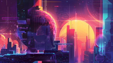 Abstract digital art of a futuristic cityscape with vibrant suns and geometric elements ,Picture a virtual space where bold colors dance, geometric shapes morph, and a touch of grainy nostalgia meets 