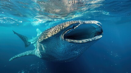 A whale is swimming in the ocean with its mouth open - obrazy, fototapety, plakaty
