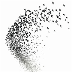 murmuration of starlings, isolated on white sky
