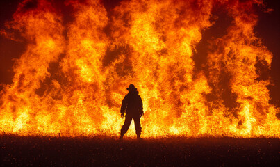 Fototapeta premium firefighter with flames in background