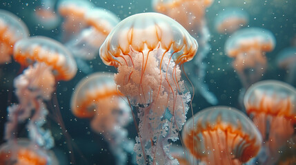 A mesmerizing swarm of ethereal jellyfish, with delicate pink hues, floats gracefully in the tranquil blue waters of the ocean.. - obrazy, fototapety, plakaty