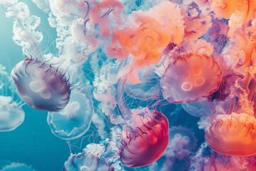 A mesmerizing swarm of ethereal jellyfish, with delicate pink hues, floats gracefully in the tranquil blue waters of the ocean..