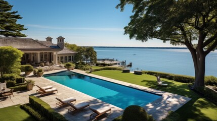 Mediterranean inspired villa with a sprawling garden and a private beach access in the exclusive Hamptons, New York