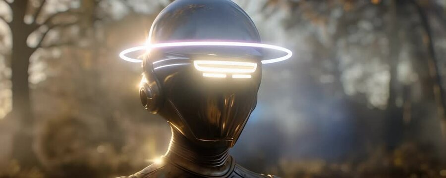 Portrait of steampunk person like robot wearing a helmet standing with nimbus in front of gray forest light background. Anamorphic 4K
