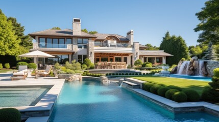 Mediterranean inspired villa with a sprawling garden and a private beach access in the exclusive Hamptons, New York