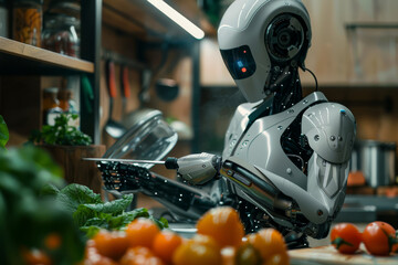 Fototapeta premium A futuristic robot chef preparing a meal with fresh vegetables in a steamy, modern kitchen environment.