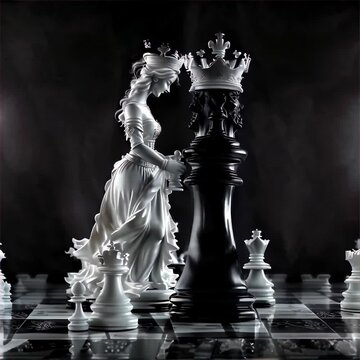 An evocative monochrome image of a queen chess piece facing a king, metaphorically depicting strategic power dynamics. AI Generation