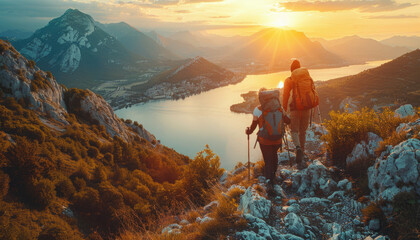 Two people are hiking up a mountain, one of them wearing a blue backpack by AI generated image - obrazy, fototapety, plakaty