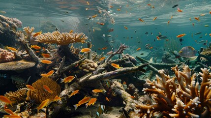 Naklejka na ściany i meble A school of fish swims in a coral reef