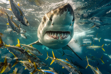 Close-up of a great white shark swimming through a bustling school of yellowtail fish in crystal...